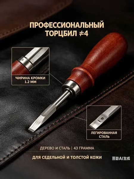 Кромкорез для кожи 1.2 мм (торцбил №4), инструмент для снятия фаски на толстой и чепрачной коже, стальной с деревянной ручкой