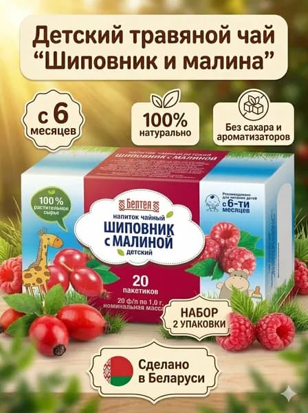 Детский травяной чай Шиповник и Малина Белтея с 6 месяцев, витаминный сбор для иммунитета из Беларуси, набор 2 уп * 20 пакетиков