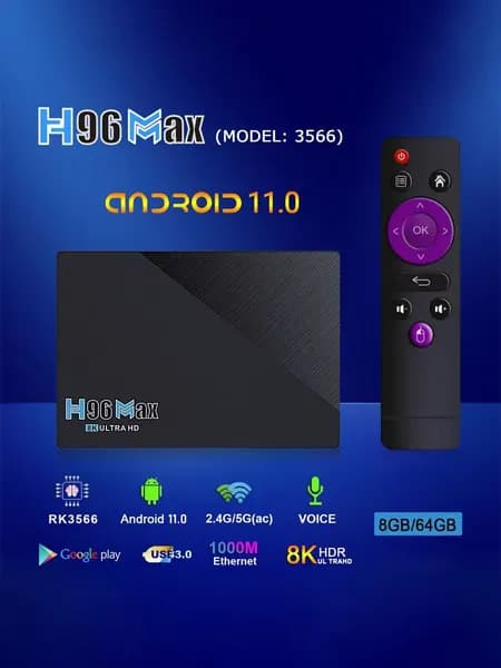 H96 Max Медиаплеер Android, 8 ГБ/64 ГБ, Bluetooth, Wi-Fi, черный