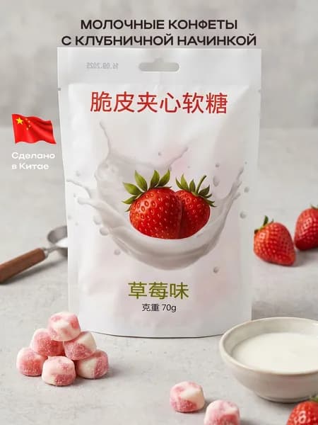 Молочные конфеты со вкусом клубники, 70 г