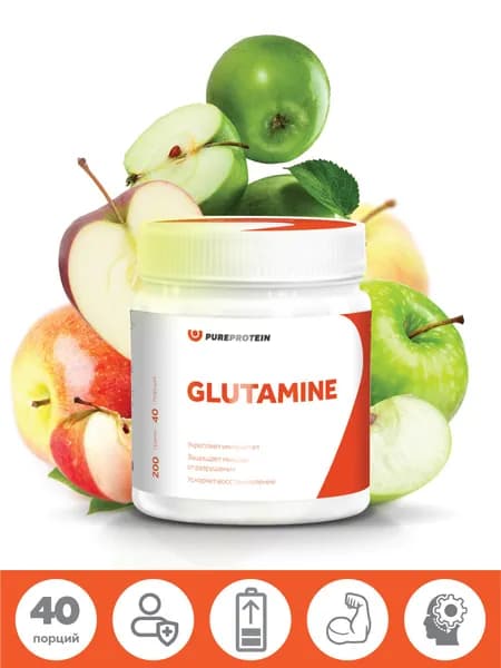 Глютамин, L-Glutamine аминокислота PUREPROTEIN, зеленое яблоко, 200г