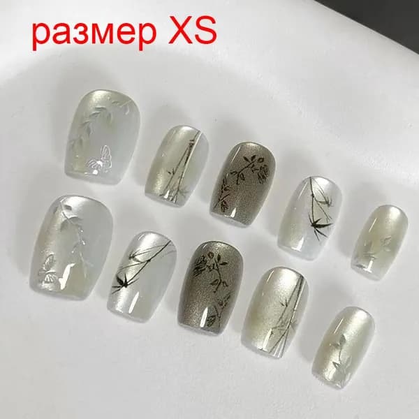 Накладные ногти Китайский стиль с бамбуком и бабочкой, размер XS, 10 шт.