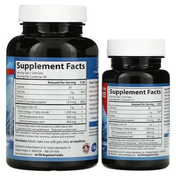 Super Omega-3, высокоэффективная омега-3, 1200 мг, Carlson Labs, 100+30 капсул