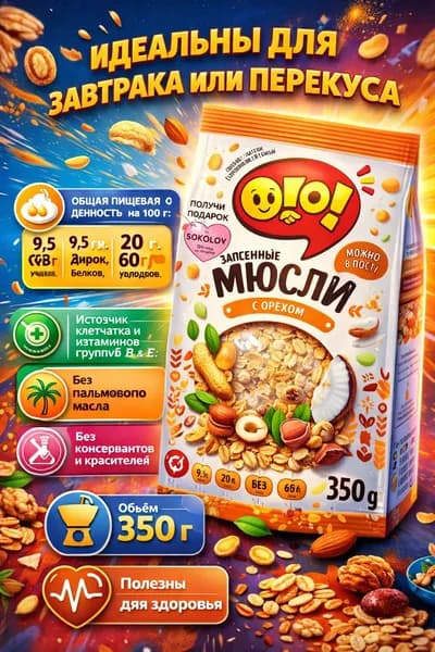 Мюсли запеченные ОГО! с орехом, 350г
