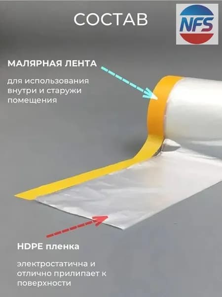 Пленка для ремонта с малярной лентой! Готовое решение для защиты. Ширина 2.7 м, не оставляет следов на обоях и дверях. Рулон 20 м.