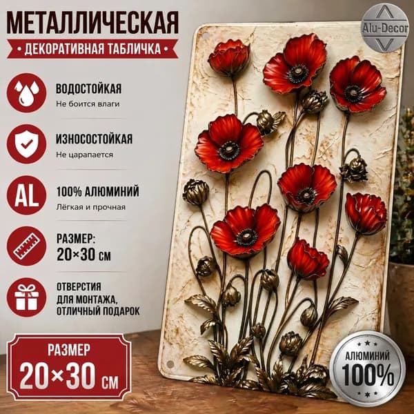 Металлическая декоративная картина красные цветы настенное панно для интерьера20x30cm