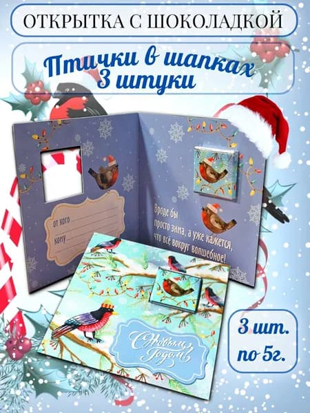 Открытка с шоколадкой "Птички в шапках", 3 шт. по 5г.