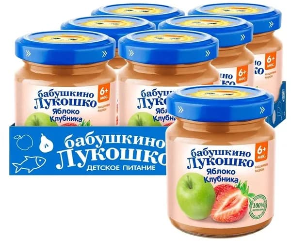 Пюре Бабушкино лукошко Яблоко с Клубникой, с 6 месяцев, 100 грамм, 6 шт.