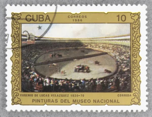Почтовая марка "Bullfight, by Eugenio de Lucas Velzquez (1817-1870)". Номинал 10 c. Cuba. 1986 год. (Michel CU 3066)
