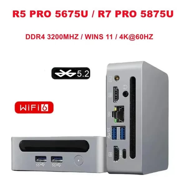 SZBOX Мини-ПК R5 PRO 5675U мини ПК (AMD Ryzen 5 PRO 5675U, RAM 16 ГБ, SSD 256 ГБ, AMD Radeon, Windows 11 Pro), 中国, серебристый