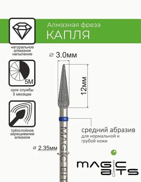 Magic Bits Фреза Алмазная капля малая с натуральным напылением СРЕДНЕГО абразива
