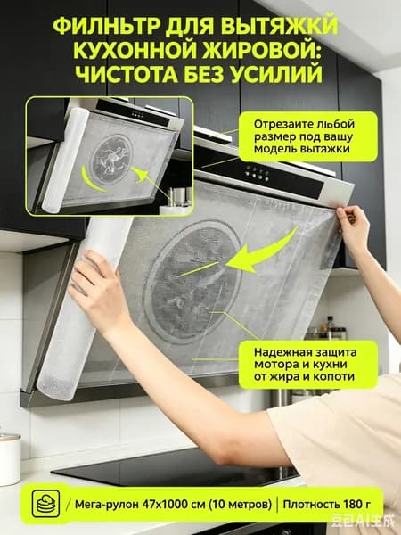Фильтр для вытяжки кухонной жировой, универсальный рулонный 47х1000 см, защитная бумага и улавливатель жира для кухонной плиты, 10 метров