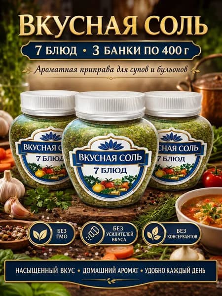 Вкусная соль 7 блюд 3 шт по 400 г, ароматная приправа с овощами и специями для мяса, супов, гарниров и соусов