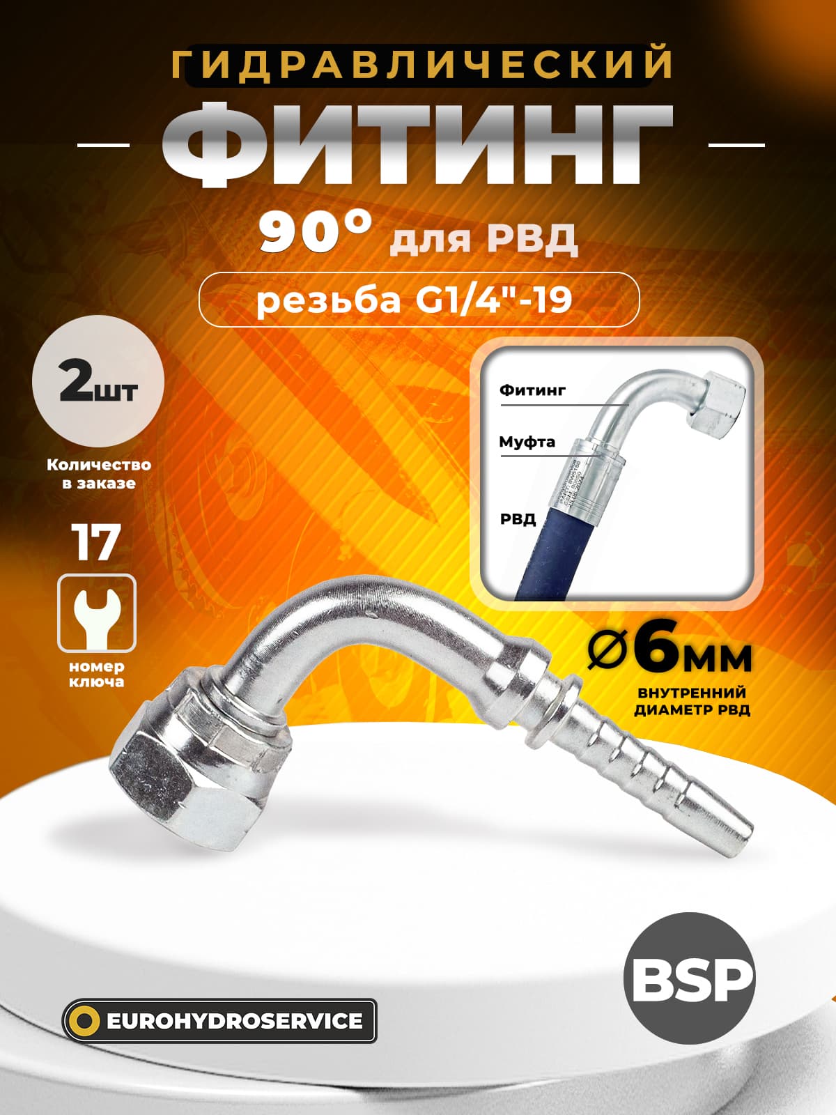 Гидравлический фитинг для РВД стандарт BSP, 90гр. , резьба G1/4", ду 6мм, 2 шт