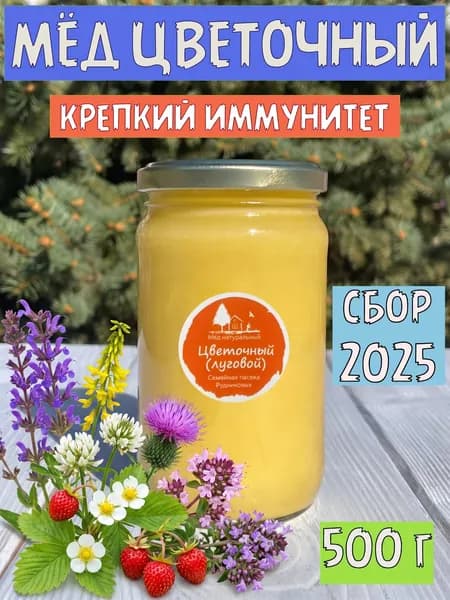 Мёд натуральный цветочный, луговой мед , 500 г., "Семейная пасека Рудниковых" Сбор 2025 г., сладости без сахара, правильное питание
