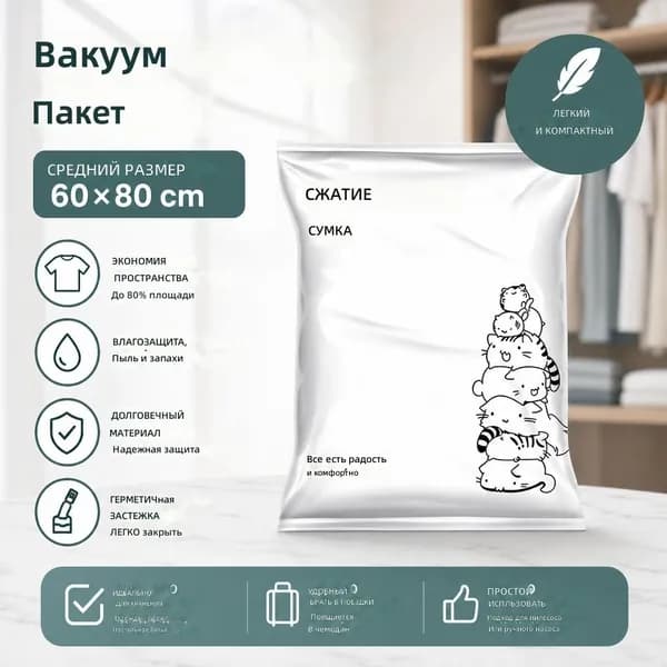 Вакуумный компрессионный мешок для одежды и постельного белья, средний 60x80 см, белый с рисунком кота