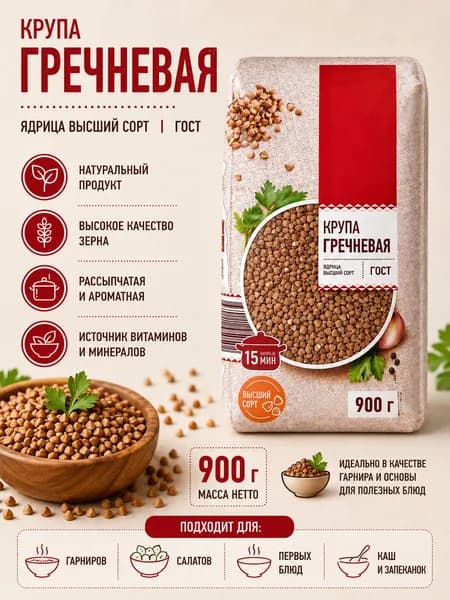 Крупа гречневая 900г в/с