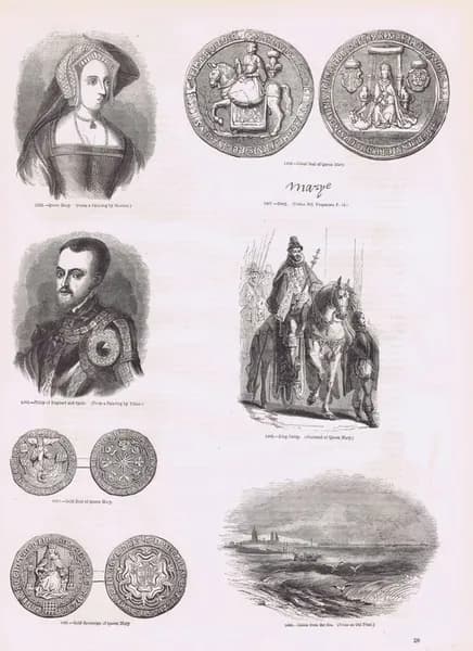 Старая Англия 200. Королева Мария I (Тюдор, Кровавая), король Филипп II Испанский, подпись королевы, Большая печать, монеты, вид на город Кале. Антикварная гравюра (ксилография). Англия, 1864 год