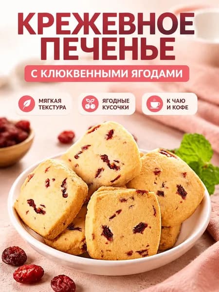 Печенье курабье с клюквой, 400 г (33 упаковки), хрустящее сливочное с сушёной клюквой