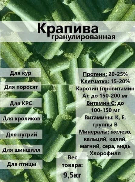 Крапива Травяная мука гранулированная. Корм для лошадей, коз, овец и птицы