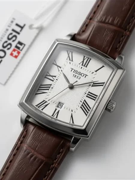 Часы Tissot прямоугольные коричневый ремешок дата