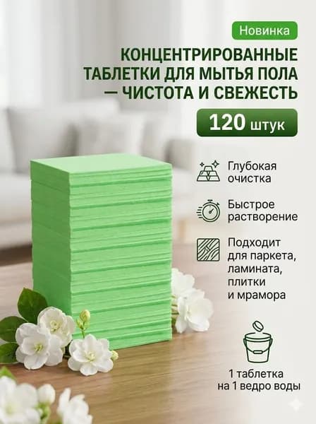 Таблетки для мытья пола 50 шт., концентрат для уборки с ароматом жасмина, средство для всех типов полов