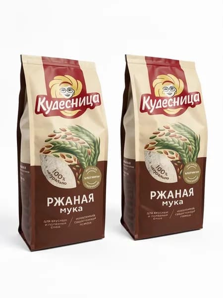 Мука ржаная Кудесница 2 шт по 400 г обдирная, хлебопекарная, для хлеба, лепёшек и ПП-выпечки, богата клетчаткой и витаминами