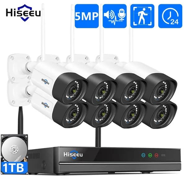 Hiseeu Wi-Fi Комплект камеры видеонаблюдения,10CH NVR Набор,5MP 8 IP камеры, 1TB жесткого диска,Цветная ночного видения,Двусторонняя аудиосвязь,P2P