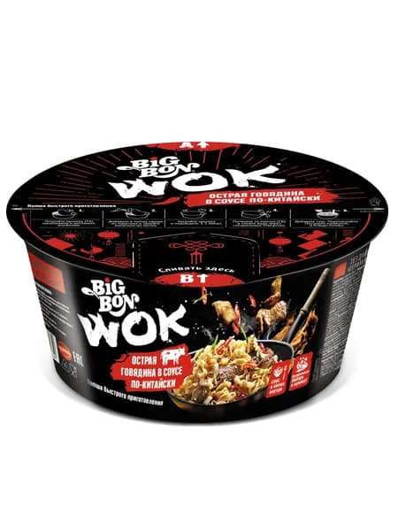 Лапша быстрого приготовления BIGBON Wok Острая говядина в соусе по-китайски, 85 г