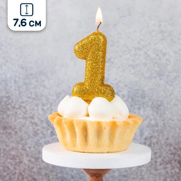 Свеча для торта Цифра 1, с блестками, золотая, 7,6 см
