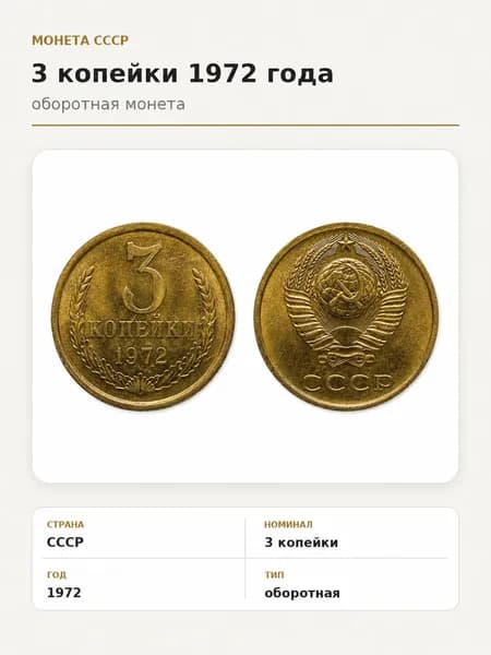 Коллекционная монета СССР 3 копейки 1972