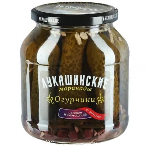 Огурчики "Лукашинские" маринованные по-деревенски с хреном и смородиной 670 г