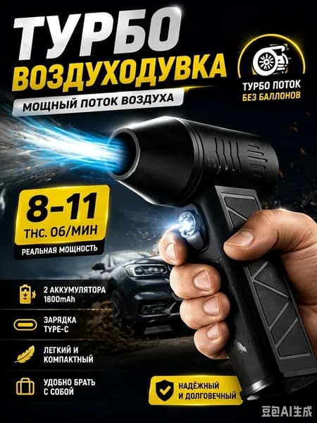 Воздуходувка аккумуляторная турбо мощный ручной вентилятор-пылесос 110000 об/мин, беспроводная электродувка для компьютера, авто, мангала и надува, Type-C зарядка