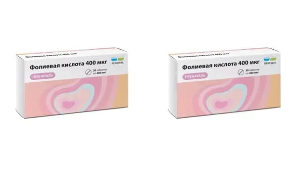 Фолиевая кислота 400 мкг пренаталь, 30 таблеток по 100 мг х 2 упаковки