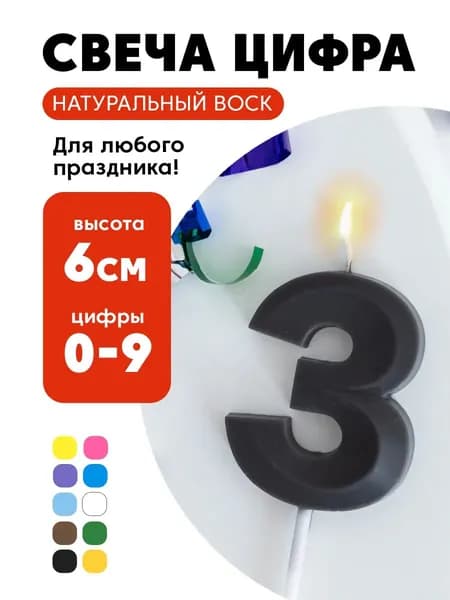 Свеча цифра 3 для торта на торт на палке серая