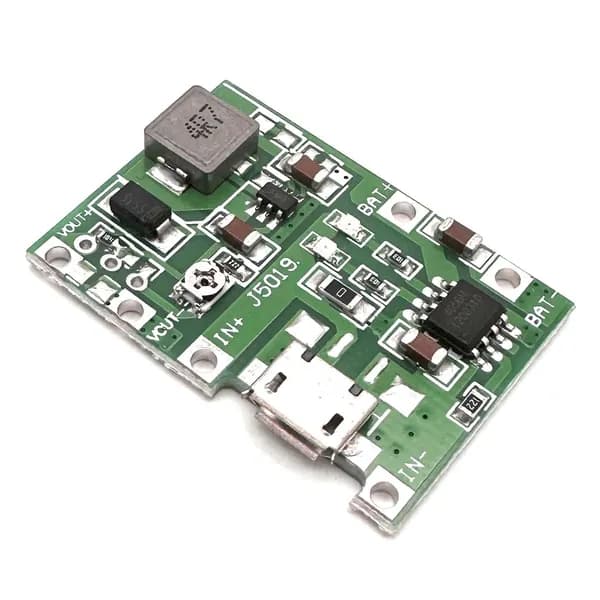 Модуль заряда Li-Ion акб, гнездо microUSB, TP4056 + Преобразователь напряж. DC-DC повышающий, регулируемый, Uвых 4,3-27В
