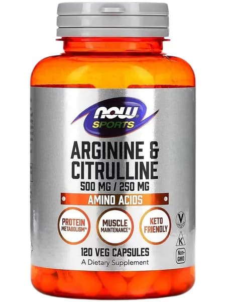 NOW Arginine & Citrulline 500/250mg 120 veg caps / L-Аргинин 500мг и L-Цитрулин 250мг 120 капсул NOW США / Аминокислоты в свободной форме. Поддержка метаболизма белков и мышечной ткани