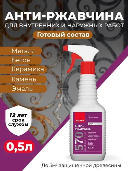 Антиржавчина Neomid 570 состав для удаления ржавчины , готовый, 0,5 л спрей