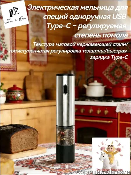 Электрическая мельница для специй, автоматическая, с керамическим жерновом, 5 уровней помола, Type-C зарядка, для перца, соли, кофе, нержавеющая сталь