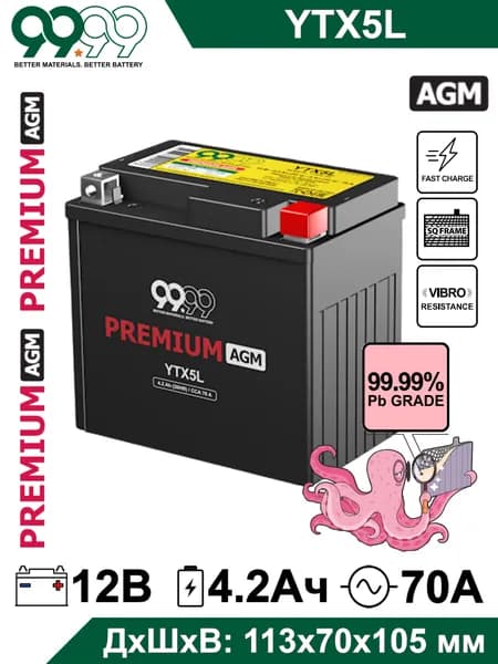 Мото аккумулятор стартерный 9999 YTX5L-BS 12В 4.2Ач (12V 4,2Ah) обратная полярность 70А (CT 1205) AGM, для мотоцикла, квадроцикла, скутера, гидроцикла, мопеда, снегохода и генератора