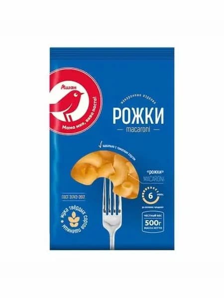 Макаронные изделия АШАН Красная птица Рожки 500 г