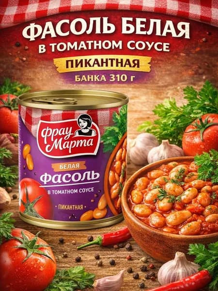 Фасоль белая в томатном соусе пикантная, 1 банка