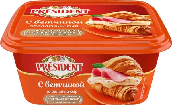 Сыр плавленый PRESIDENT с ветчиной 45%, без змж, 400г 2 шт.