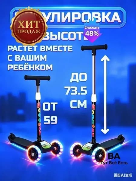 Самокат трехколесный, черный