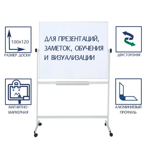 Доска магнитно-маркерная, двусторонняя, Calligrata ЭКОНОМ, 100 120 см, в алюминиевой рамке, с полочкой