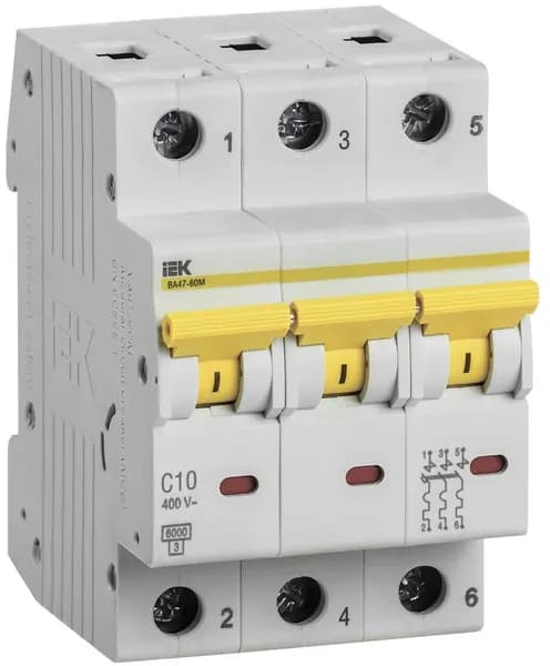 Выключатель автоматический IEK ВА47-60 3Р 10А 6кА С (MVA41-3-010-C)