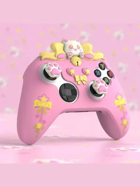 PlayVital Силиконовый Чехол для Геймпада Xbox Series X/S, Sweetheart Kitty, Противоскользящий, с 6 Колпачками и Наклейками, Розовый