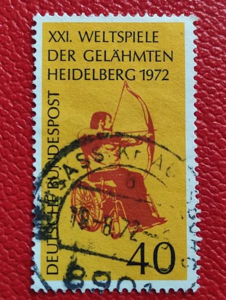 Марки Германия 1972. Спорт/Стрельба из лука в инвалидном кресле. Серия: "XXI Всемирные игры колясочников и ампутантов, Гейдельберг". Гашение - см фото