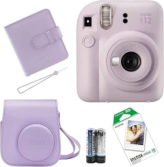 Фотоаппарат Instax Fujifilm Mini 12 лиловый, сумка, вешалка, аккумулятор, 10 пленок, альбом
