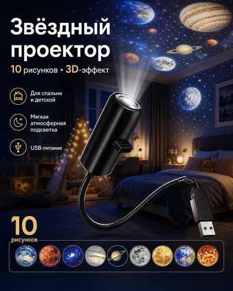 Светодиодный ночник-проектор Луна и планеты для спальни и детской комнаты